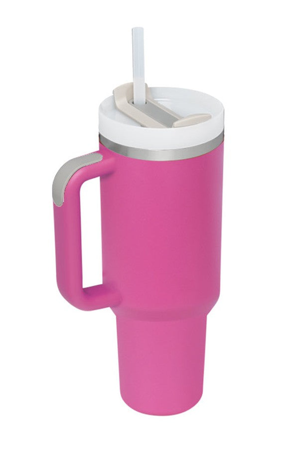 A Hotline Wholesale 40oz Stainless Tumbler with Handle and a pink straw sticking out of it.