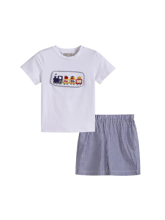 A boy's Alphabet Train Smocked Shirt and Blue Striped Shorts set by Lil Cactus.
