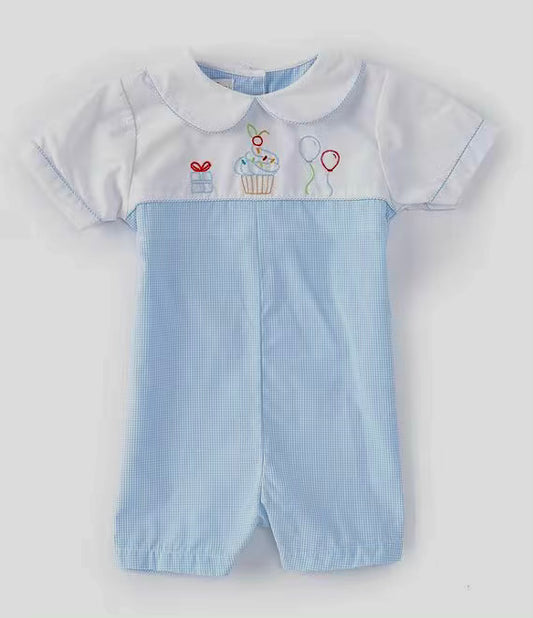A Baby Boys' Collared Birthday Romper with embroidered cupcakes, Petit Ami.