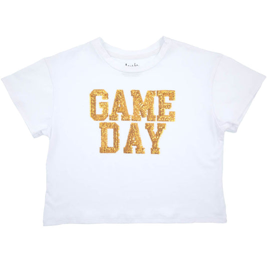 A white "sequin Game Day Gold Boxy T'" shirt with the words game day on it, by Chickie Collective.