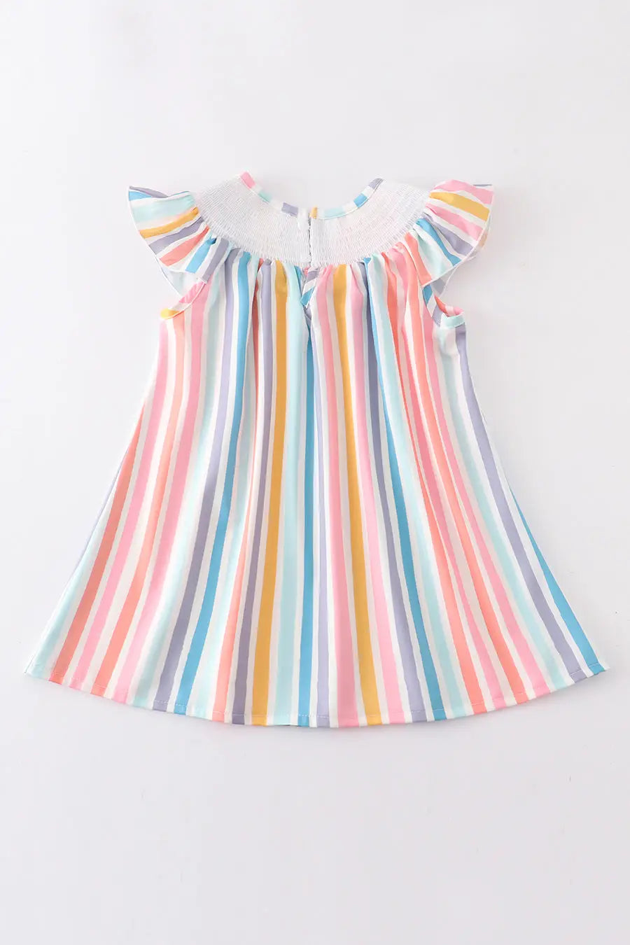 A Honeydew Multicolored Stripe Orange Peach Smocked Dress for a baby girl.
