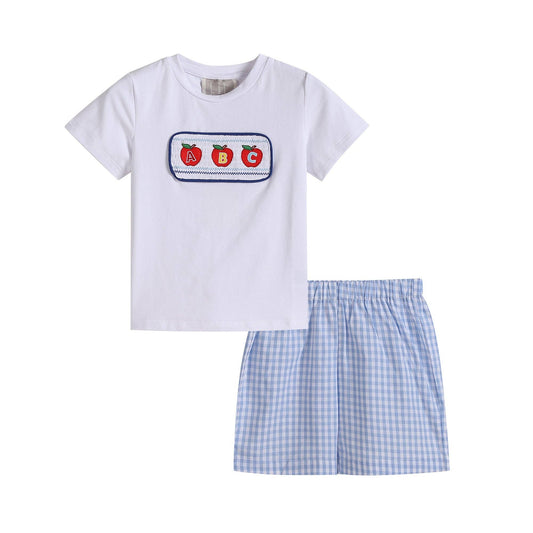 A Lil Cactus ABC Smocked Shirt and Blue Gingham Shorts Set.