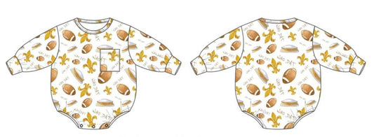 Two Who Dat Football Long Sleeve Bubble Rompers with different designs on them, made by SeersuckerJOEY LLC.