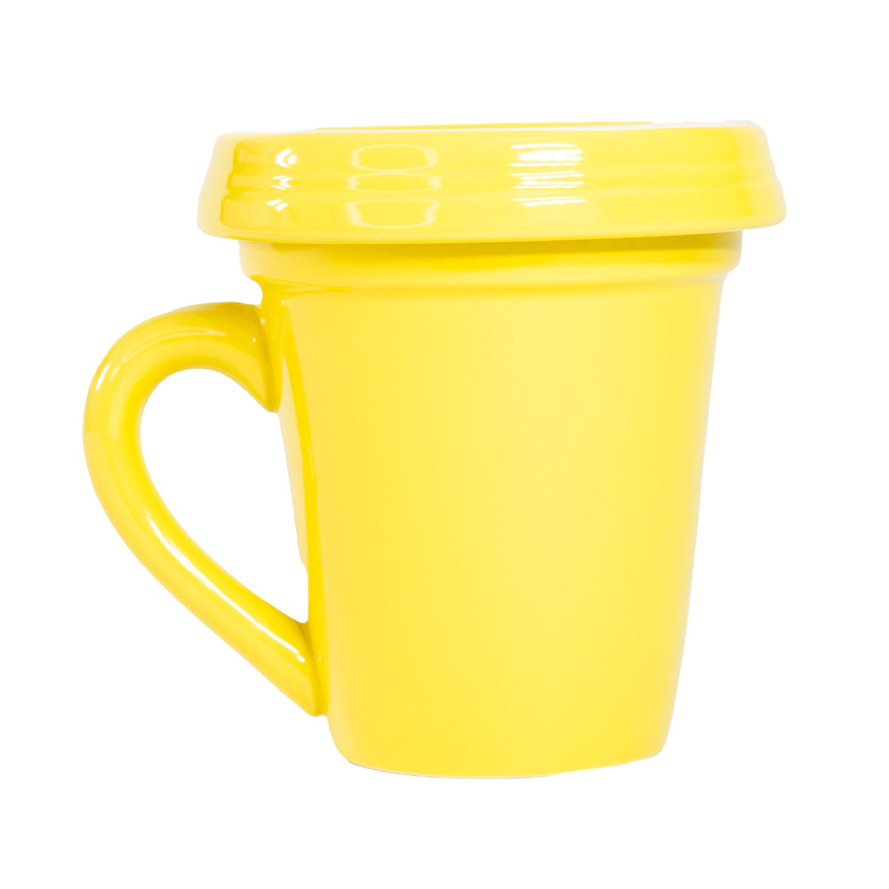 A Yellow Flower Pot Mug - Hello Sunshine with a lid on a white background by Nicole Brayden.