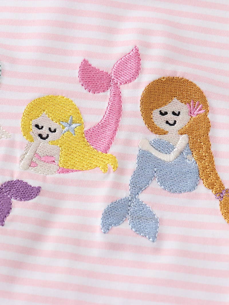 A pink and white striped Honeydew shirt with two Purple Mermaid Embroidery Girl Bubbles on it.