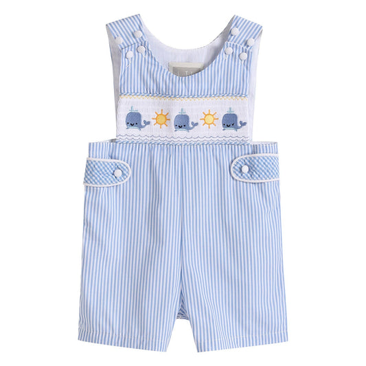 A baby boy's Lil Cactus Blue Striped Whale Smocked Jon Jons in blue cotton with stars and stripes.