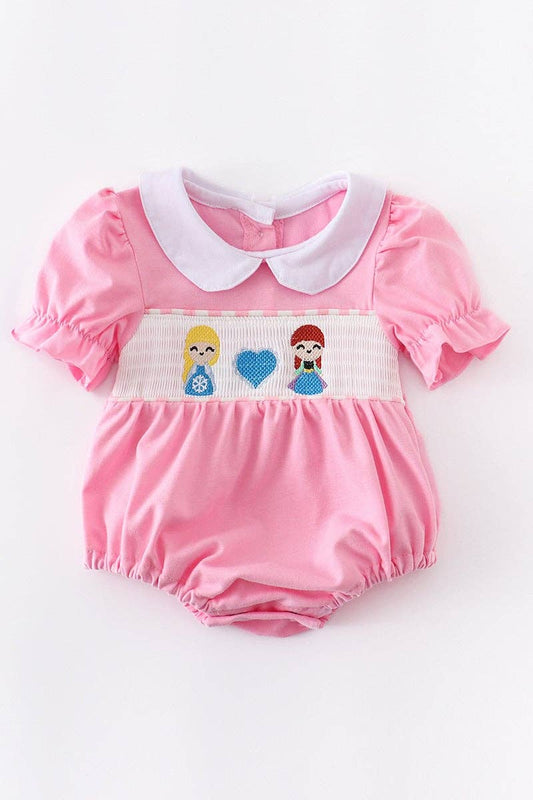 A baby girl's Frozen Pink Embroidered Girl Bubble romper from Honeydew.