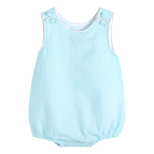 A Lil Cactus Classic Turquoise Seersucker Baby Bubble Romper with a blue and white checkered pattern.