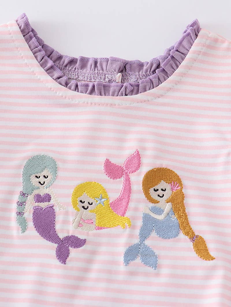A pink and white striped shirt with two Purple Mermaid Embroidery Girl Bubbles by Honeydew.