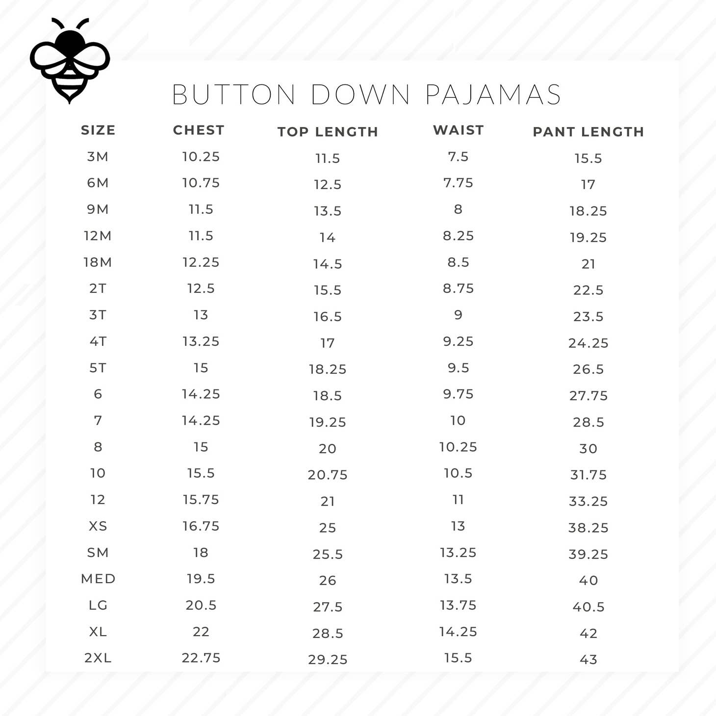 The size chart for the Sugar Bee Clothing Crawfish Button Down Pajamas.