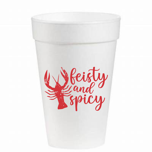 A Pink Machine white cup with the word 'Feisty and Spicy Crawfish- 16oz Styrofoam Cups' on it.