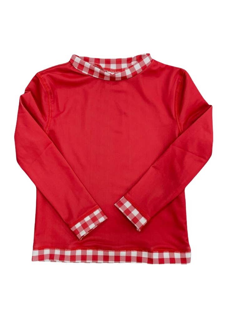 A Boys Gingham Rashguard from Sugar Bee Clothing with a checkered collar.