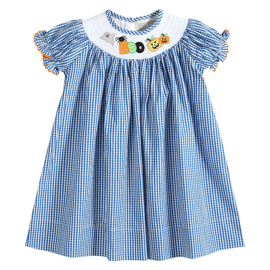 A Blue Gingham Halloween Boo Smocked Bishop dress with embroidered owls by Lil Cactus.