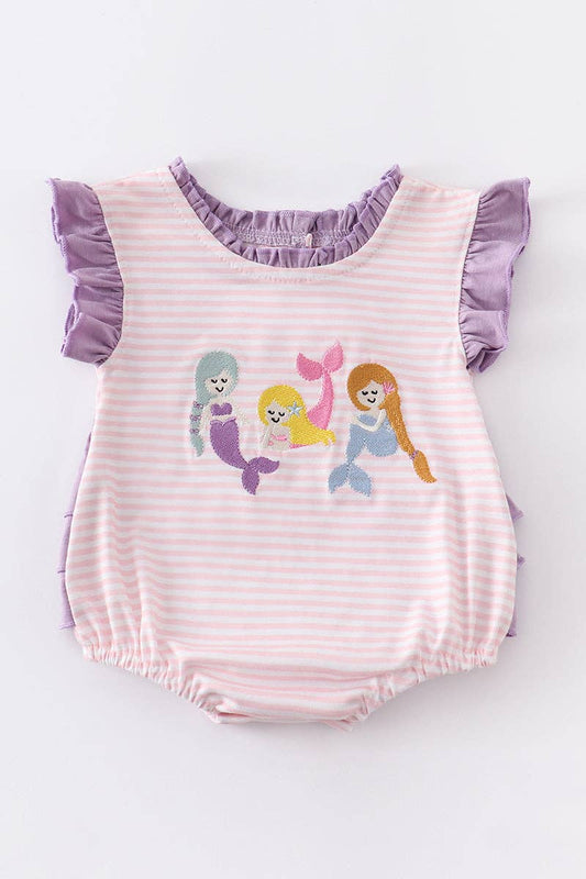 A pink and white striped shirt with Honeydew's Purple Mermaid Embroidery Girl Bubble on it.