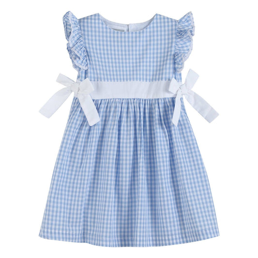 A cute Light Blue Gingham Ruffle Bow Dress: 12-18M from Lil Cactus with ruffle sleeves and bow details.