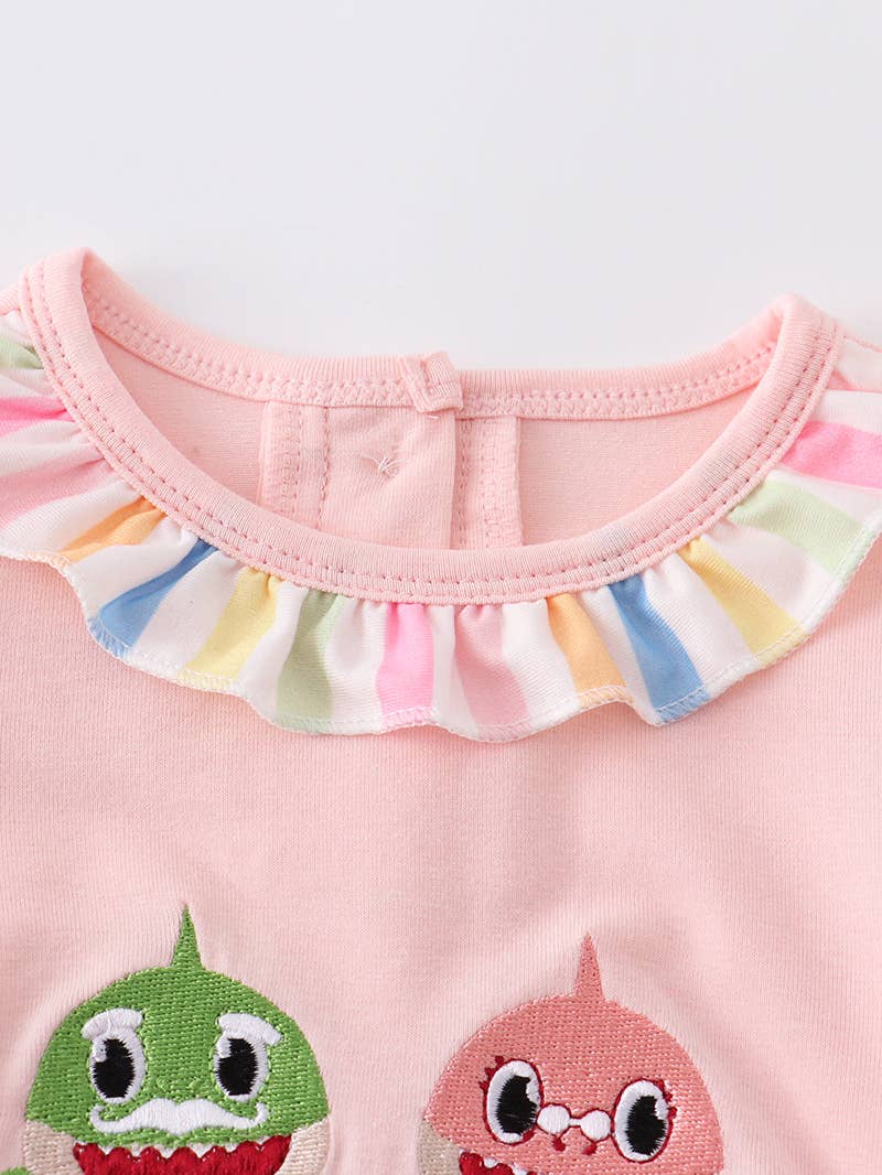 A Honeydew Pink Shark Embroidery Girl Bubble with a shark and a fish appliqued on the chest.