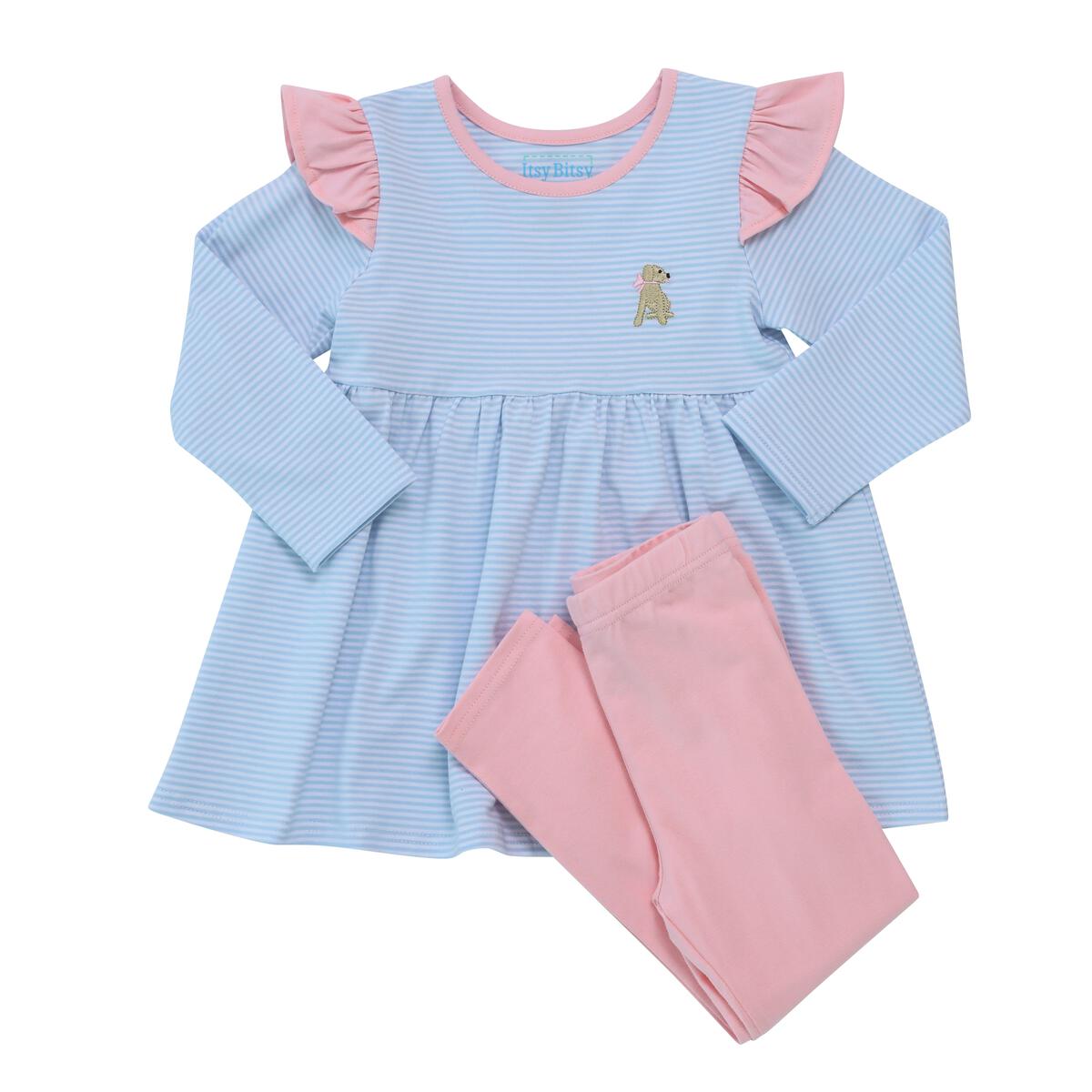 A baby girl's adorable Puppy Ruffle Pant Set by Itsy Bitsy with matching leggings.