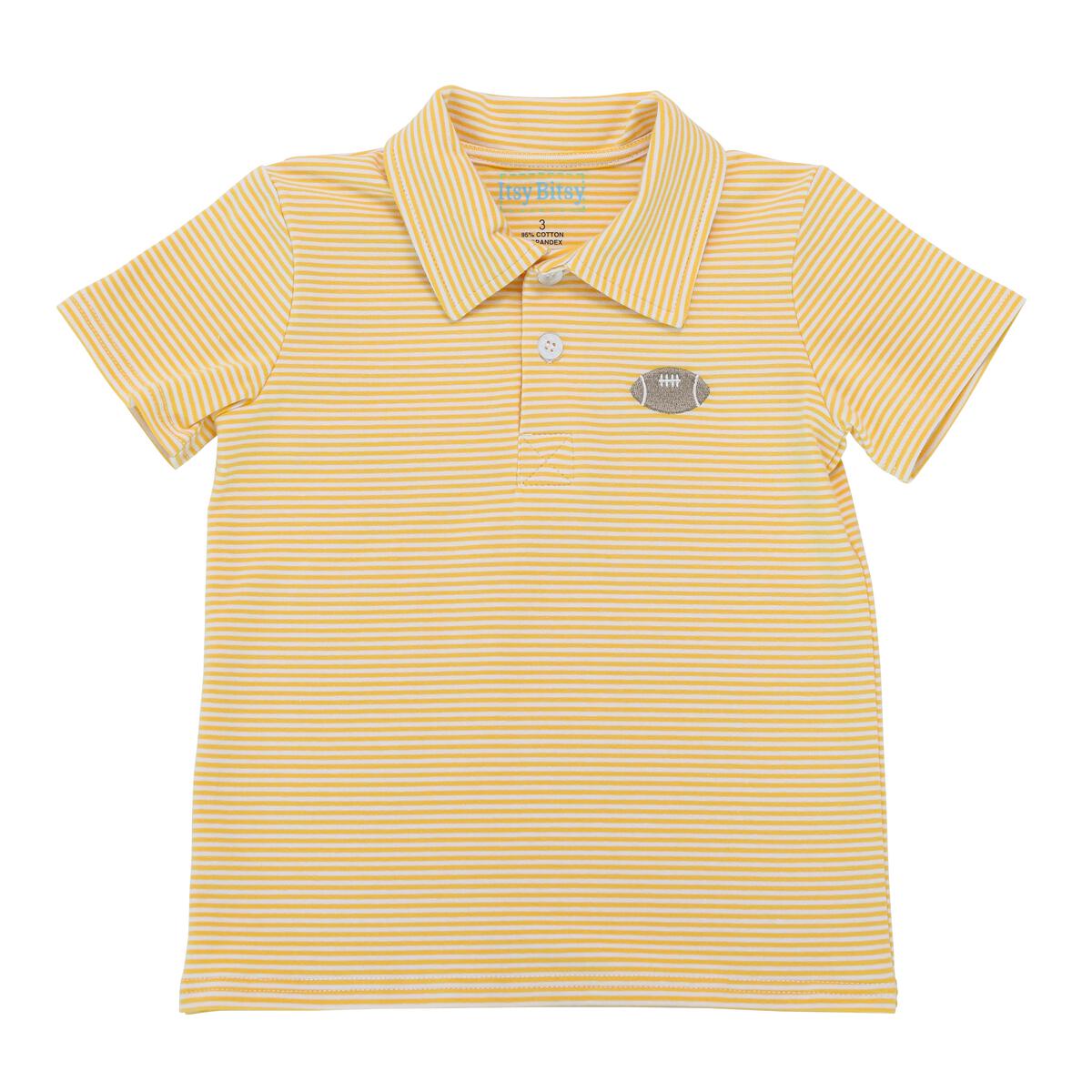 An Itsy Bitsy Football Polo- Yellow Stripe shirt with an embroidered logo.