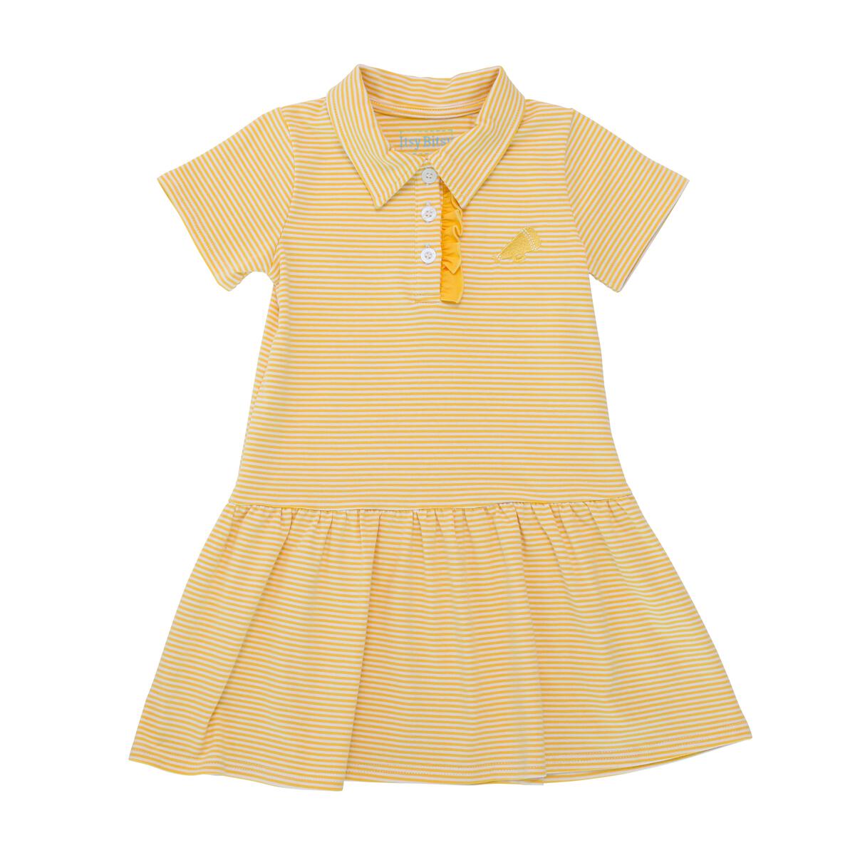 A girl's Megaphone Polo Dress- Yellow Stripe by Itsy Bitsy.