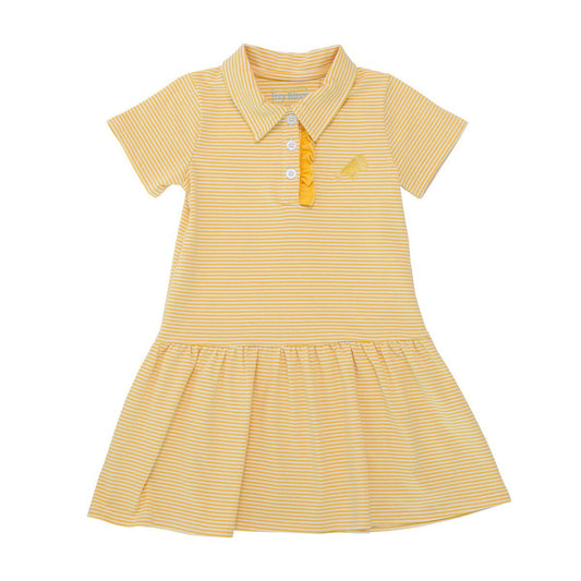 A girl's Megaphone Polo Dress- Yellow Stripe by Itsy Bitsy.