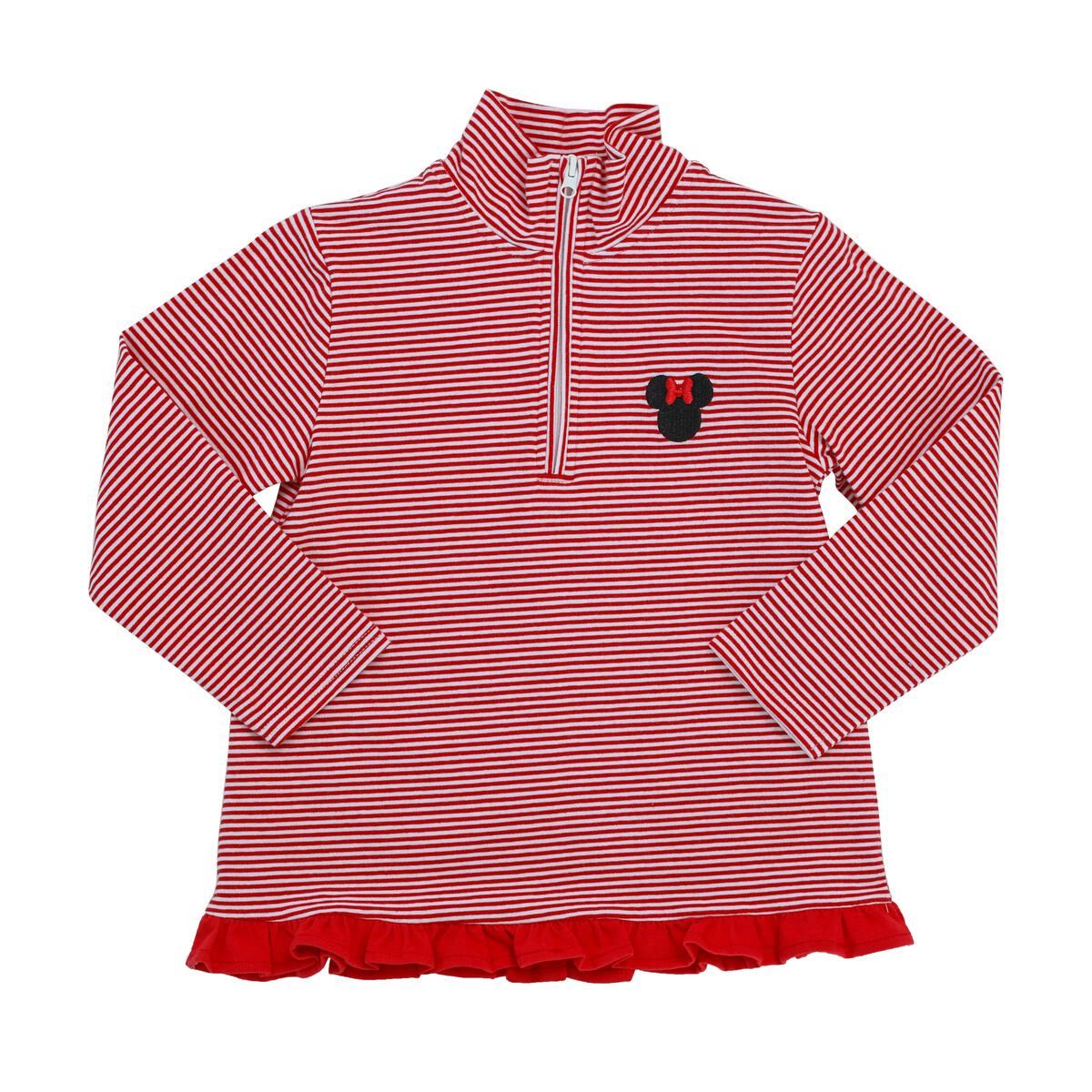 A red and white Itsy Bitsy 1/4 Zip Pullover - Mouse with ruffled ruffles, giving it a sporty and trendy look.