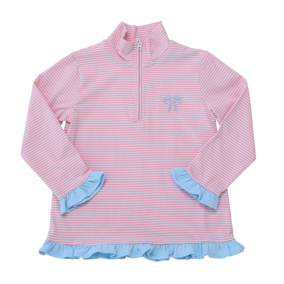 A high-quality Itsy Bitsy 1/4 Zip Pullover - Pink & Blue Ruffle Bow with ruffles.
