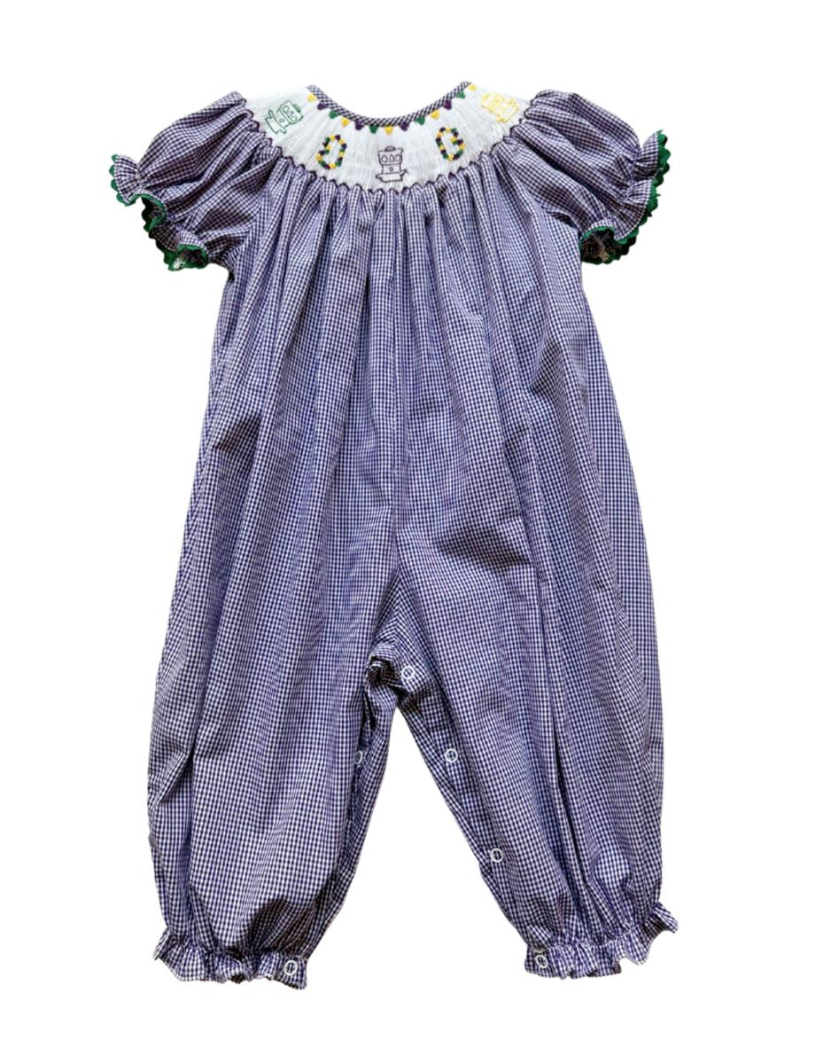A baby girl's Streetcar Bishop Smocked Long Bubble romper by crew.