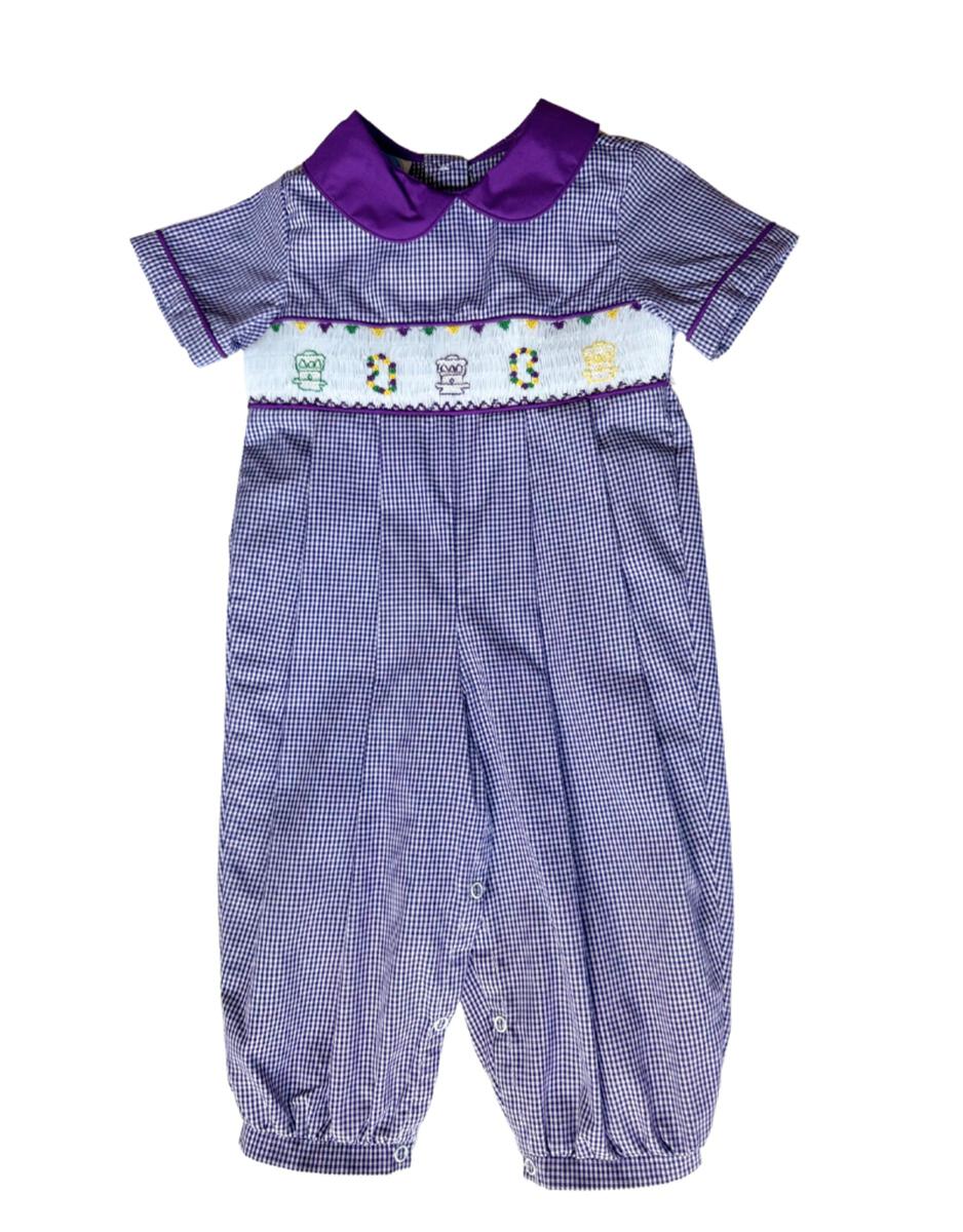 A stylish baby boy's Smocked Streetcar Long Bubble for Boys from Chickie Collective, with purple trim, offering both comfort and fashion.