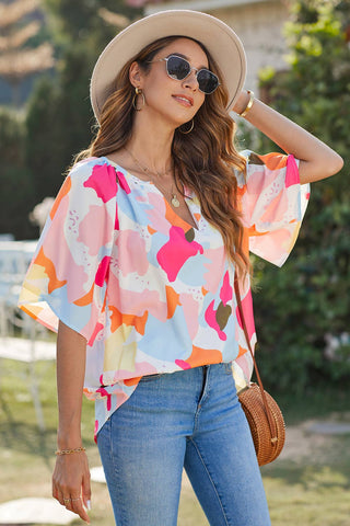 Multicolor Floral Print V Neck Half Sleeve Blouse Women's Top    - Chickie Collective