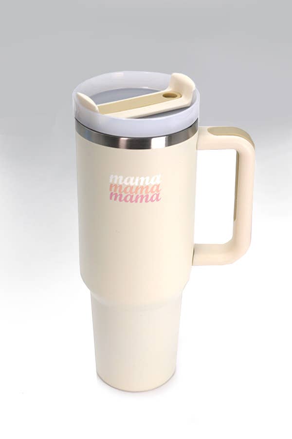 A white Wall To Wall Accessories stainless steel travel mug with the word mama on it, called the 40oz STAINLESS STEEL TUMBLER in PETAL LT PINK.
