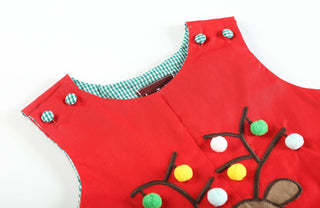 Red Plaid Pom-Pom Reindeer Overalls: 6-12M Kids clothes    - Chickie Collective