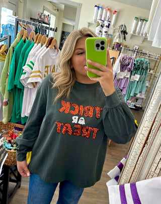 Hunter Green Trick-or-Treat Sequin Sweatshirt     - Chickie Collective