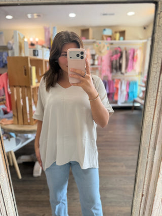 Cream Woven V-Neck Dolman Shortsleeve Top