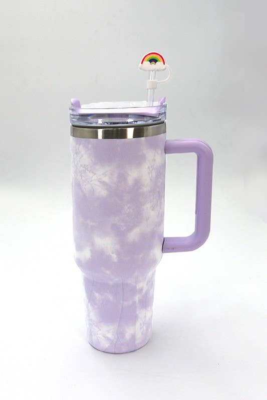 A Wall To Wall Accessories purple travel mug with a straw and handle, perfect for on-the-go sipping.