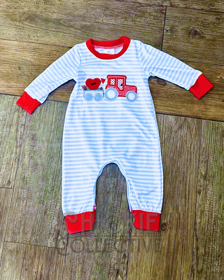 Heart-Embroidered Grey Stripe Valentine's Romper for Baby Boys Boys Outfit - Chickie Collective