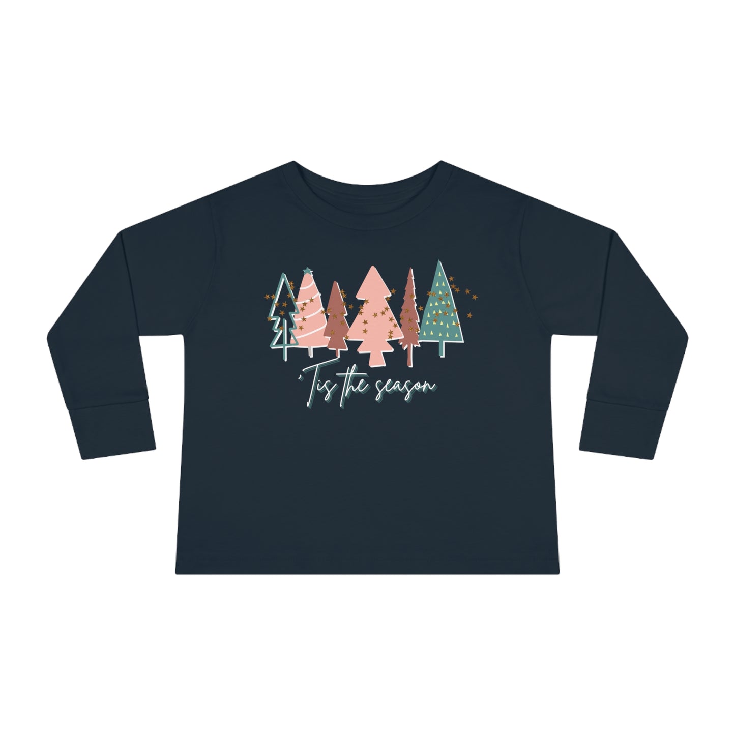 A Printify Kids Christmas Tree Navy Long Sleeve Tee - Toddler Crew Neck T-Shirt with a Christmas tree.