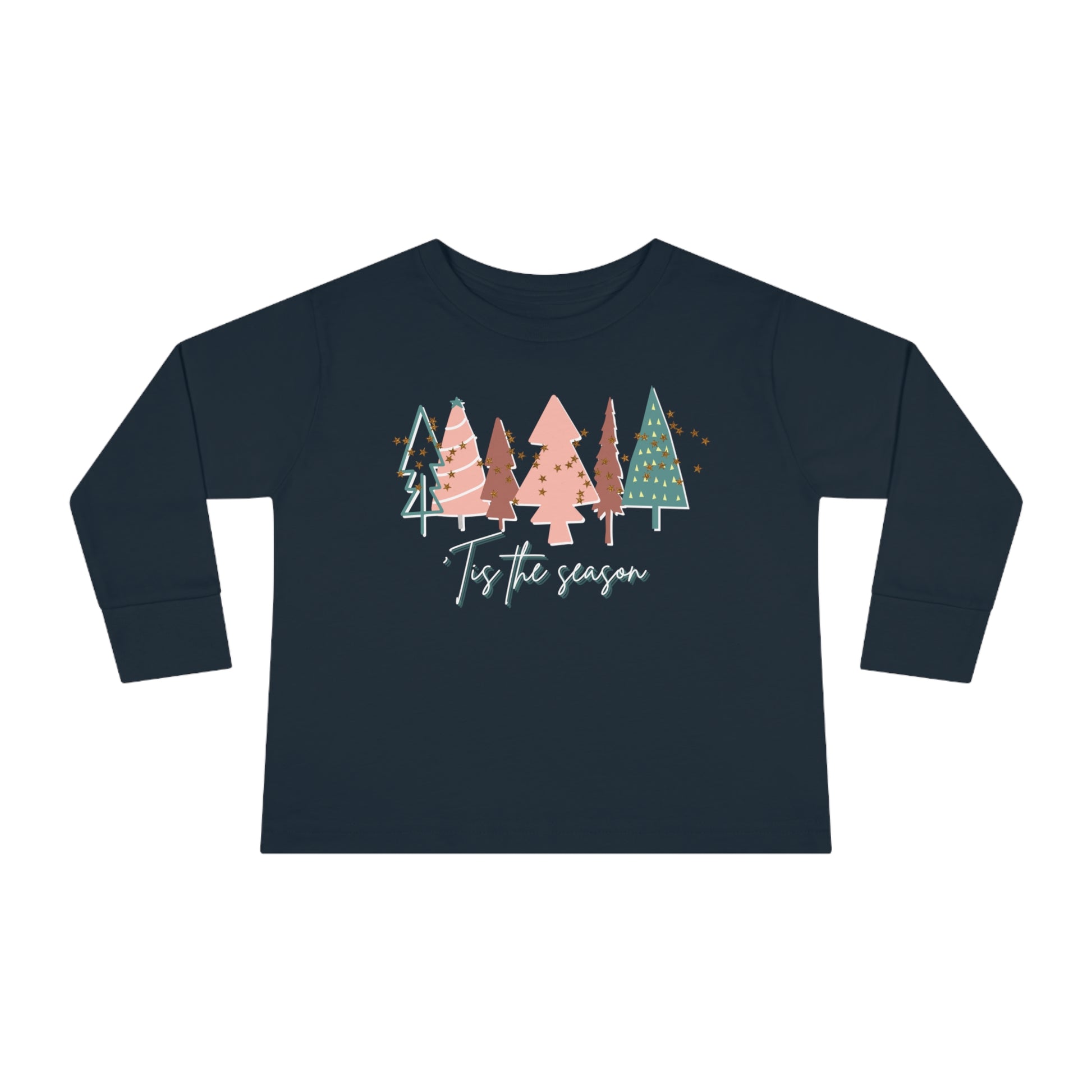 A Printify Kids Christmas Tree Navy Long Sleeve Tee - Toddler Crew Neck T-Shirt with a Christmas tree.