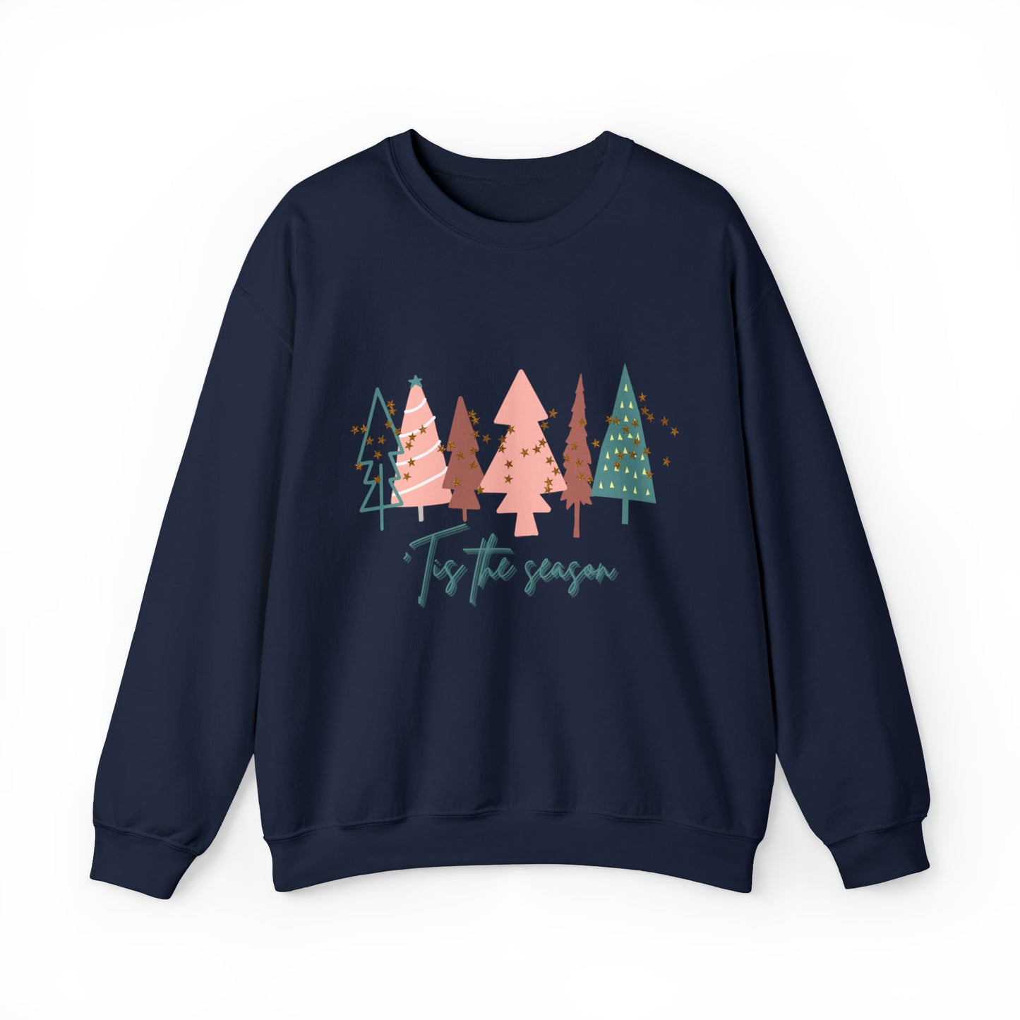 A cozy navy Christmas Tree Sweatshirt by Printify, perfect for winter.