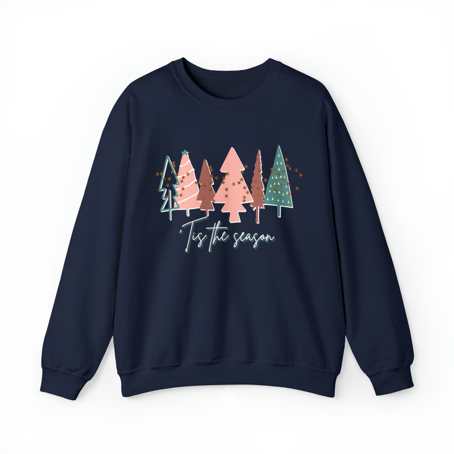 A cozy Printify navy Christmas tree sweatshirt, perfect for your holiday wardrobe.