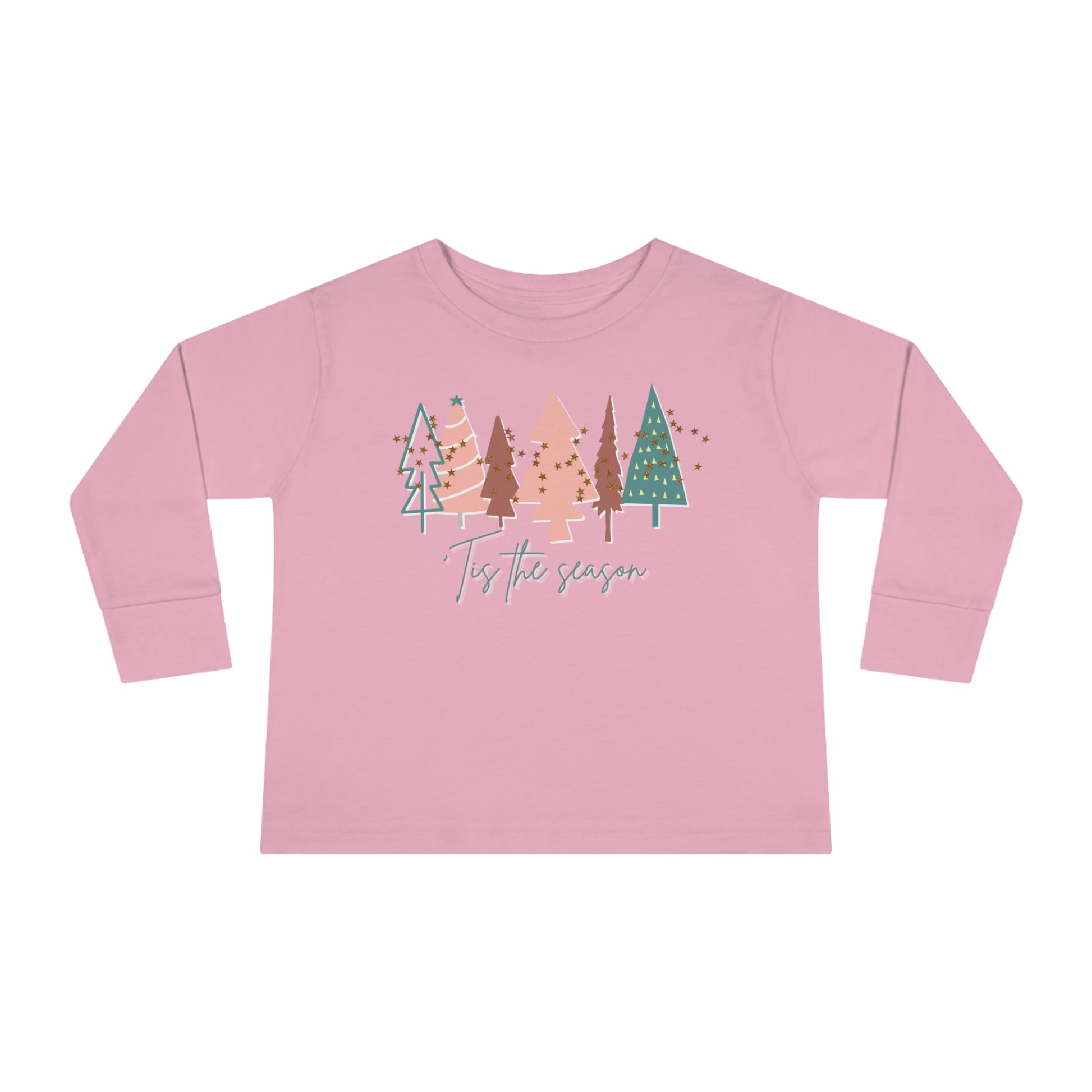 A Printify Kids Christmas Tree Pink Long Sleeve Tee - Toddler Crew Neck T-Shirt with the words Merry Christmas is perfect for toddlers and their parents.