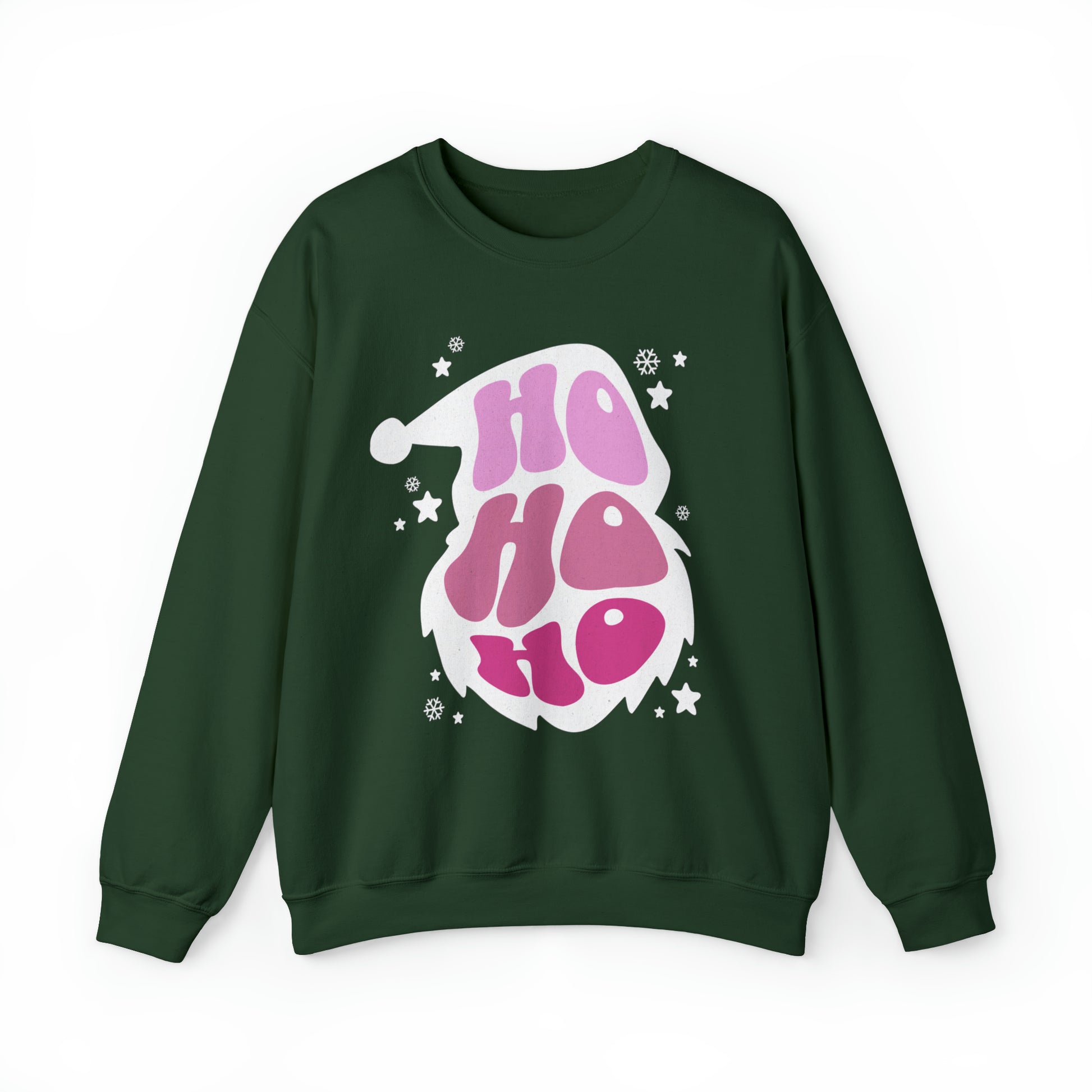 A comfortable green Ho Ho Ho Santa Outline Pink Holiday Sweatshirt - Cozy Crewneck - Festive Christmas Sweate from Printify with the words ho ho ho on it.