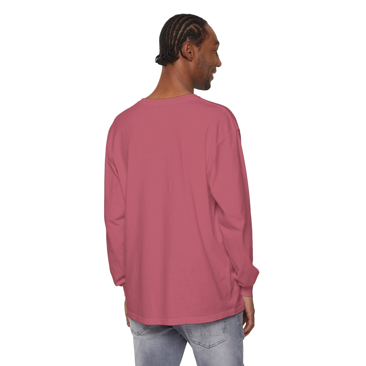 The back of a man wearing a HO HO HO Santa Outline Pink Long Sleeve Tee - Cozy Comfort Colors Unisex Shirt - Crewneck Holiday tee from Printify.