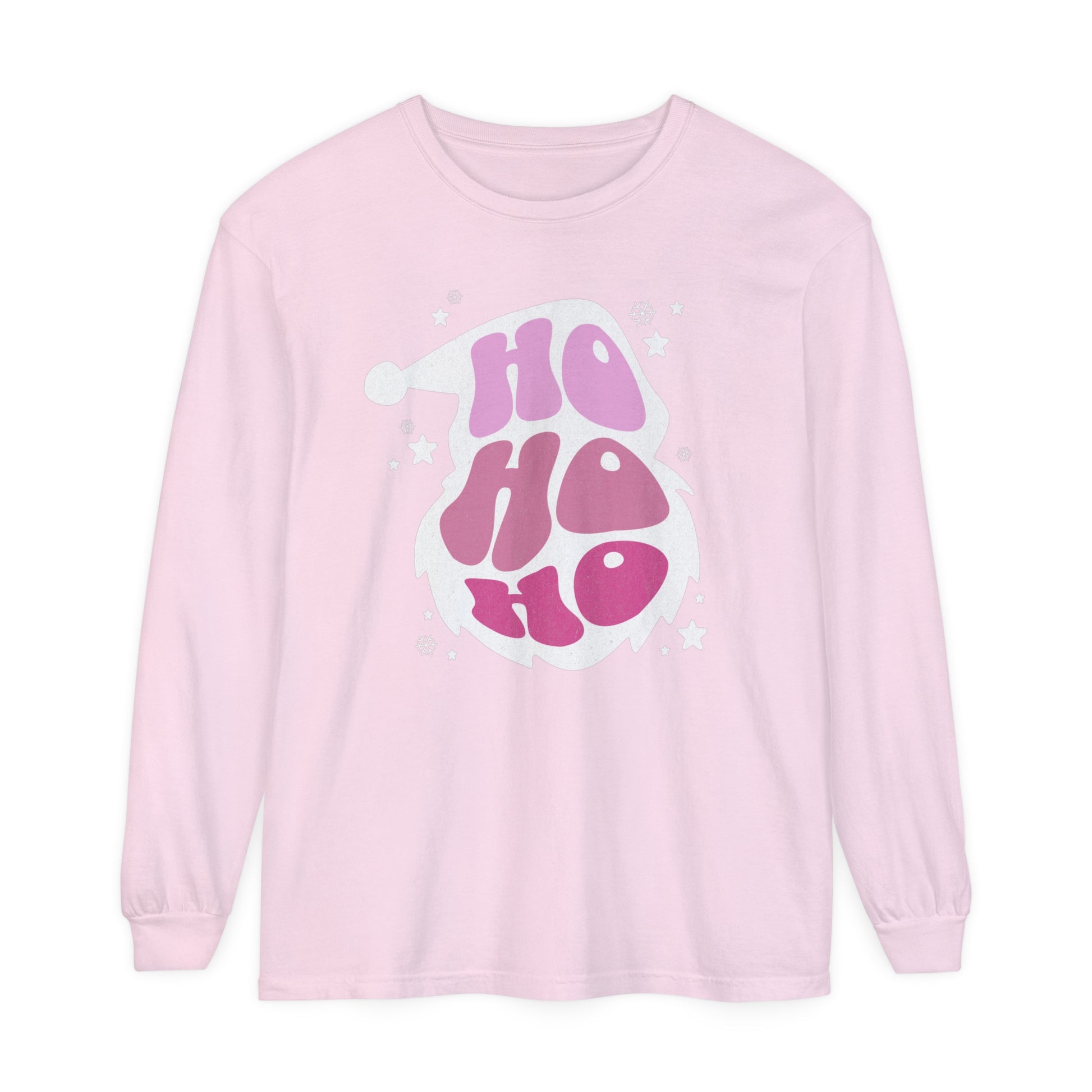 A HO HO HO Santa Outline Pink Long Sleeve Tee - Cozy Comfort Colors Unisex Shirt - Crewneck Holiday tee by Printify with the word "hoo" on it.