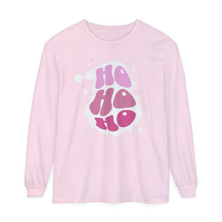 HO HO HO Santa Outline Pink Long Sleeve Tee - Cozy Comfort Colors Unisex Shirt - Crewneck Holiday tee Long-sleeve Blossom S  - Chickie Collective