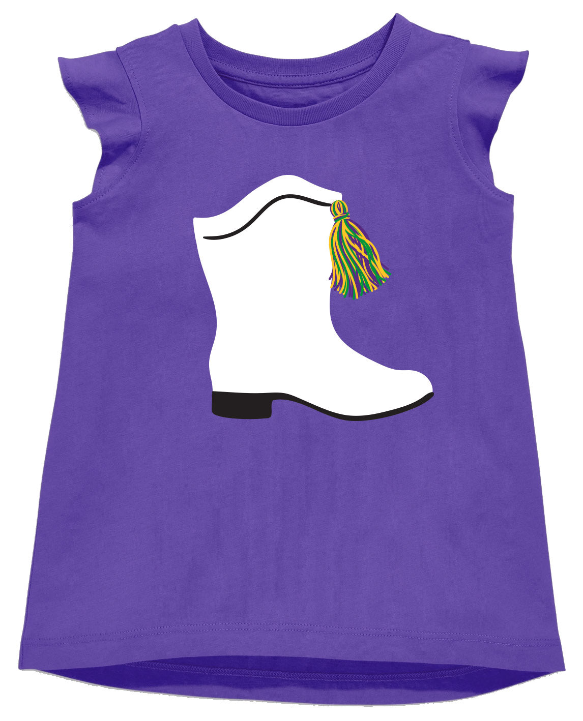 A purple t-shirt with a Mardi Gras image of a cowboy boot named Sequin Mardi Gras Marching Boot Purple Ruffle Top by the brand Azarhia.