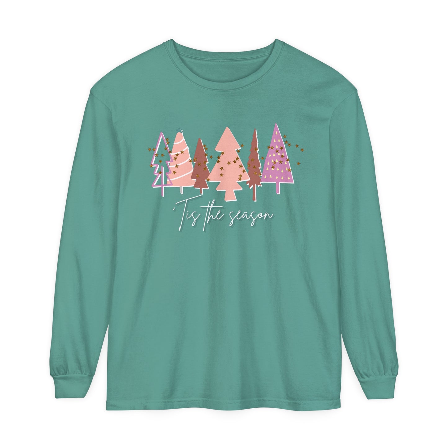 Printify Women's 'Tis the Season Light Green & Pink Christmas Tree Shirt, a Comfort Colors Holiday Tee. Winter wardrobe cozy and stylish.