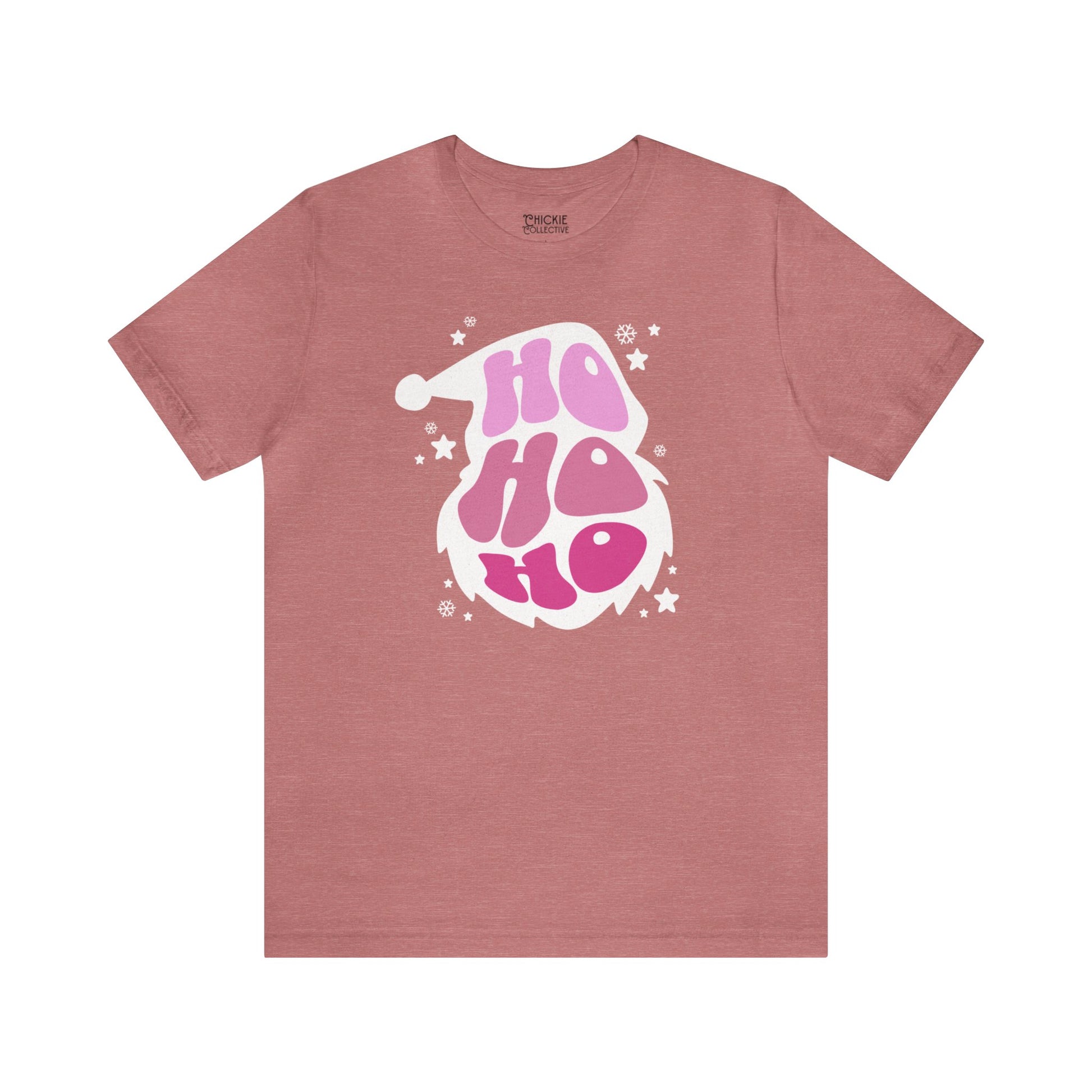 A soft cotton pink Unisex Jersey Short Sleeve Tee with an image of Santa Claus by Printify.