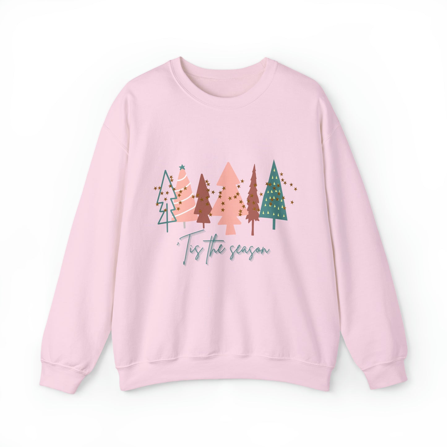 This cozy Printify Light Pink Christmas Tree sweatshirt features trees and the words for the season, making it a perfect addition to your holiday wardrobe.