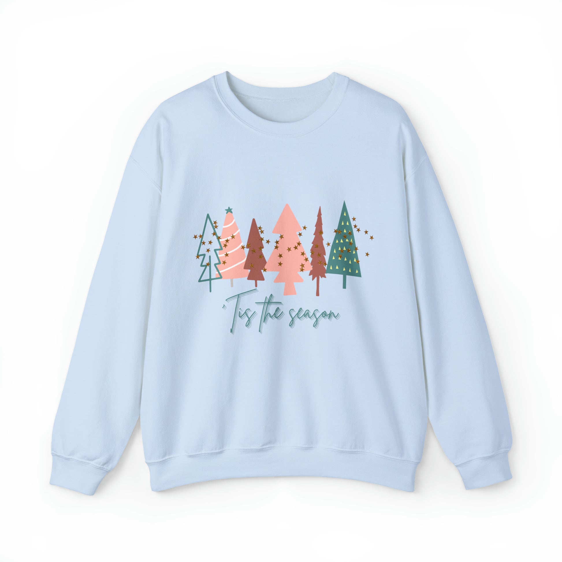 A cozy Printify Christmas Tree Sweatshirt with trees and the words for the winter season.