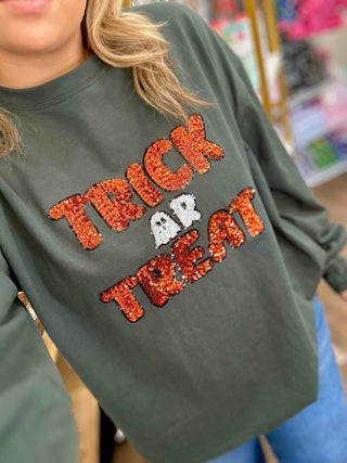 Hunter Green Trick-or-Treat Sequin Sweatshirt     - Chickie Collective